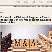 El mercado de M&A espaol registra un 2% ms de acuerdos y un 19% ms de capital movilizado hasta octubre